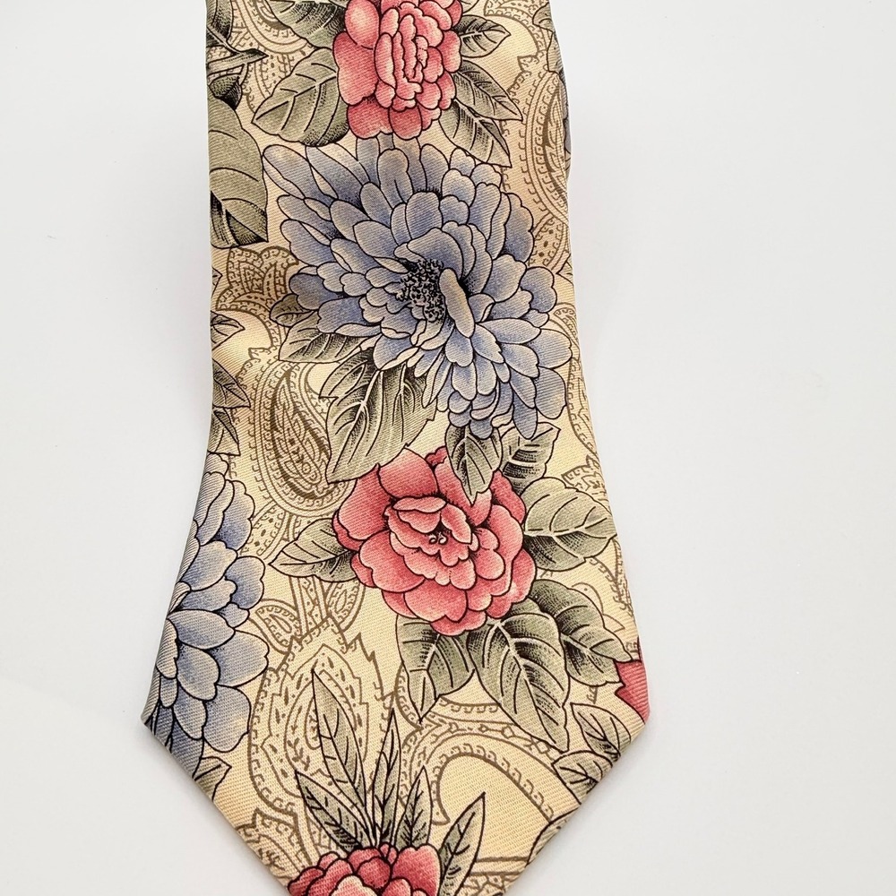 Vintage Lands' End Necktie Men's Cream Floral Silk Hand‎ Sewn 58L